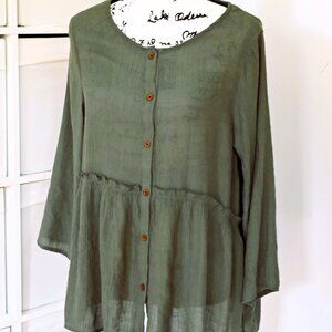 Emery Rose XL Olive Green Tunic Blouse Button Front Peasant Cottagecore